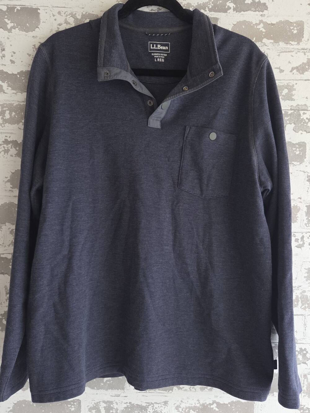 L.L. Bean Slightly Fitted Snap Neck Textured Sweatshirt Blue L